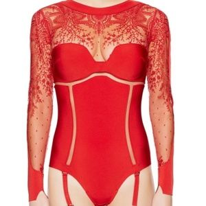 La Perla Black Label Ultra Rare Desire Neoprene Lace Zipper Bodysuit (Red)